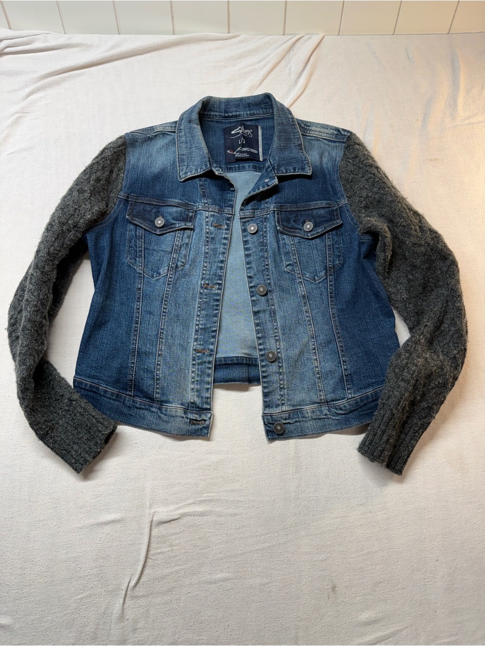 Silver Jeans Blue Denim Jacket with Gray Knit Sleeves